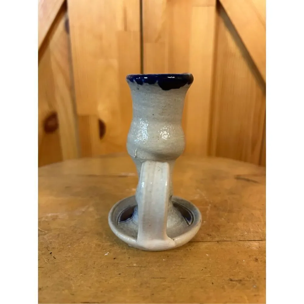 Salt Glaze Pottery Chamberstick Candle Holder with Cobalt (8186)
